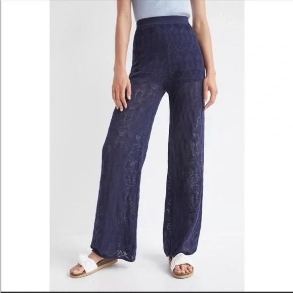 Anthropologie Navy Flat White Pointelle Wide Leg Pants Knit Size Medium NWT - Picture 8 of 9